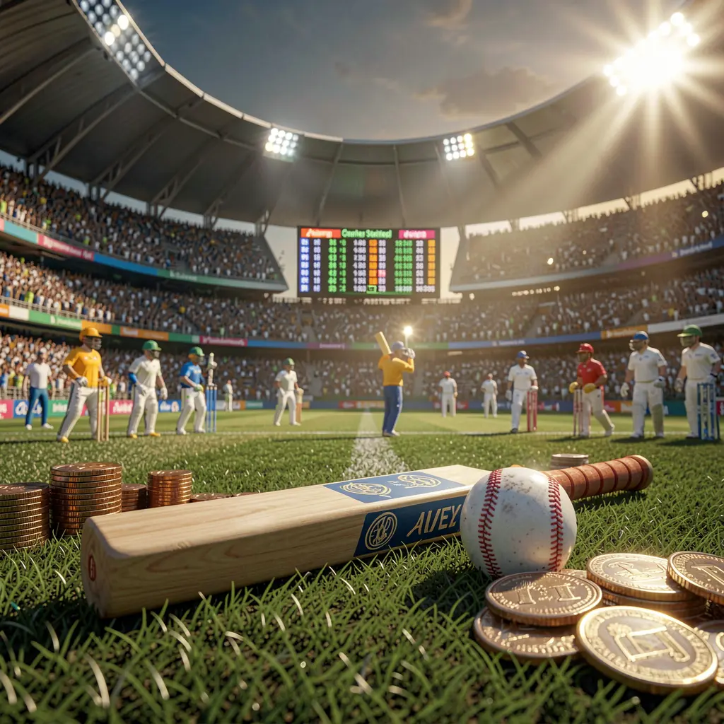 Adegan taruhan kriket premium di stadion kriket yang dipenuhi penonton, menampilkan tongkat dan bola di latar depan, grafis peluang taruhan digital, dan koin di bawah pencahayaan dramatis, menampilkan render 3D detail tinggi WP88 Adegan taruhan kriket premium di stadion kriket yang dipenuhi penonton, menampilkan tongkat dan bola di latar depan, grafis peluang taruhan digital, dan koin di bawah pencahayaan dramatis, menampilkan render 3D detail tinggi WP88