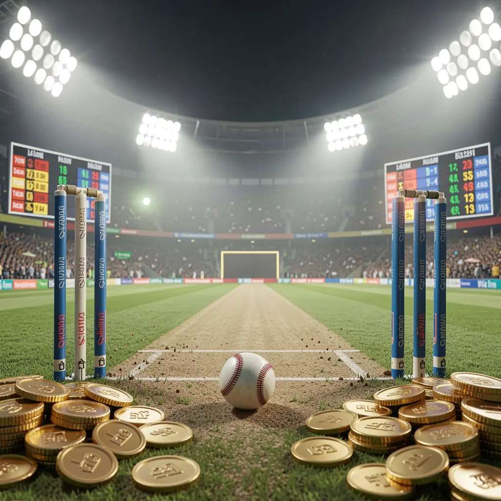 Konsep taruhan kriket langsung WP88 menampilkan lapangan kriket di bawah lampu stadion yang terang dengan gawang, bola, koin emas, dan panel peluang taruhan bercahaya dalam render realistis sinematik Konsep taruhan kriket langsung WP88 menampilkan lapangan kriket di bawah lampu stadion yang terang dengan gawang, bola, koin emas, dan panel peluang taruhan bercahaya dalam render realistis sinematik
