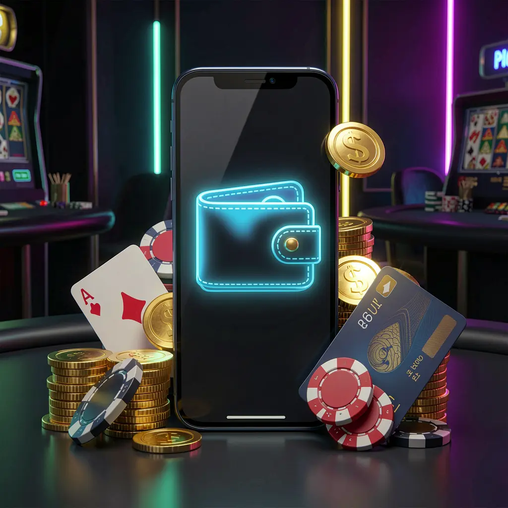 Konsep bonus deposit kasino daring WP88 dengan layar ponsel pintar yang menampilkan ikon dompet bercahaya, dikelilingi tumpukan koin emas, keping poker, dan kartu bank di latar belakang gelap mewah dengan sorotan neon dalam gaya 3D realistis Konsep bonus deposit kasino daring WP88 dengan layar ponsel pintar yang menampilkan ikon dompet bercahaya, dikelilingi tumpukan koin emas, keping poker, dan kartu bank di latar belakang gelap mewah dengan sorotan neon dalam gaya 3D realistis
