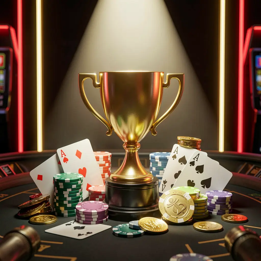 Konsep bonus turnamen kasino WP88 menampilkan trofi emas yang dikelilingi keping poker, kartu remi, dan koin di bawah sorotan terang dalam suasana kasino mewah yang kompetitif dengan latar belakang gelap serta aksen neon merah dan emas Konsep bonus turnamen kasino WP88 menampilkan trofi emas yang dikelilingi keping poker, kartu remi, dan koin di bawah sorotan terang dalam suasana kasino mewah yang kompetitif dengan latar belakang gelap serta aksen neon merah dan emas