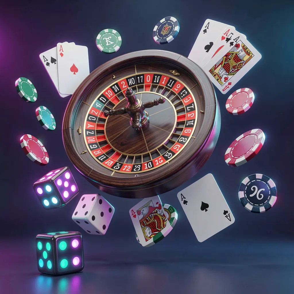 Koleksi permainan kasino daring WP88 menampilkan roda rulet neon bercahaya, kartu blackjack, dadu, simbol mesin slot, dan keping poker yang melayang bersama dalam render 3D premium Koleksi permainan kasino daring WP88 menampilkan roda rulet neon bercahaya, kartu blackjack, dadu, simbol mesin slot, dan keping poker yang melayang bersama dalam render 3D premium