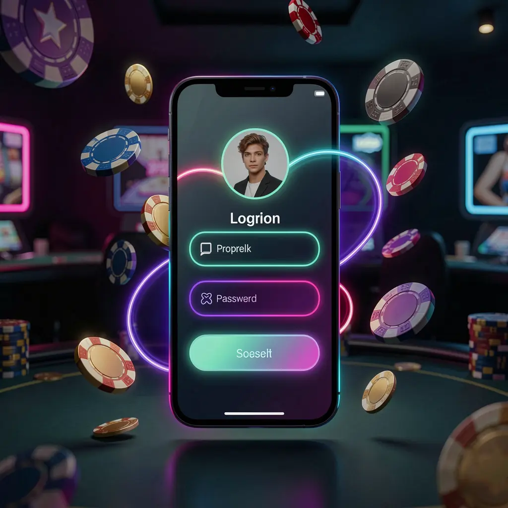 Layar masuk kasino seluler WP88 dengan bentuk antarmuka pengguna abstrak yang menampilkan profil pengguna dan kolom kata sandi pada ponsel neon bercahaya, dikelilingi keping dan koin yang beterbangan dalam suasana kasino premium yang gelap