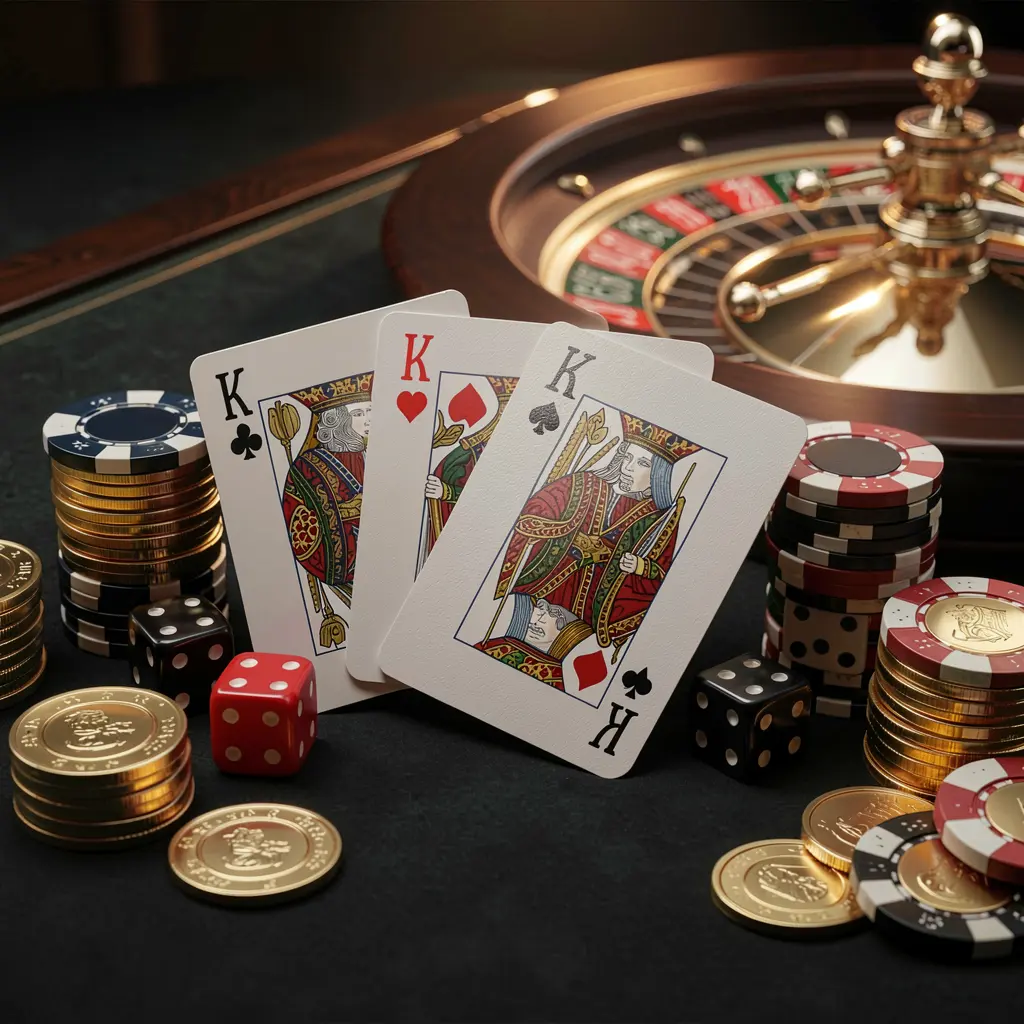 Beranda kasino daring elegan WP88 menampilkan kartu royal flush, dadu, koin emas, keping poker di atas meja gelap dengan roda rulet bercahaya di latar belakang dalam render 3D sinematik Beranda kasino daring elegan WP88 menampilkan kartu royal flush, dadu, koin emas, keping poker di atas meja gelap dengan roda rulet bercahaya di latar belakang dalam render 3D sinematik