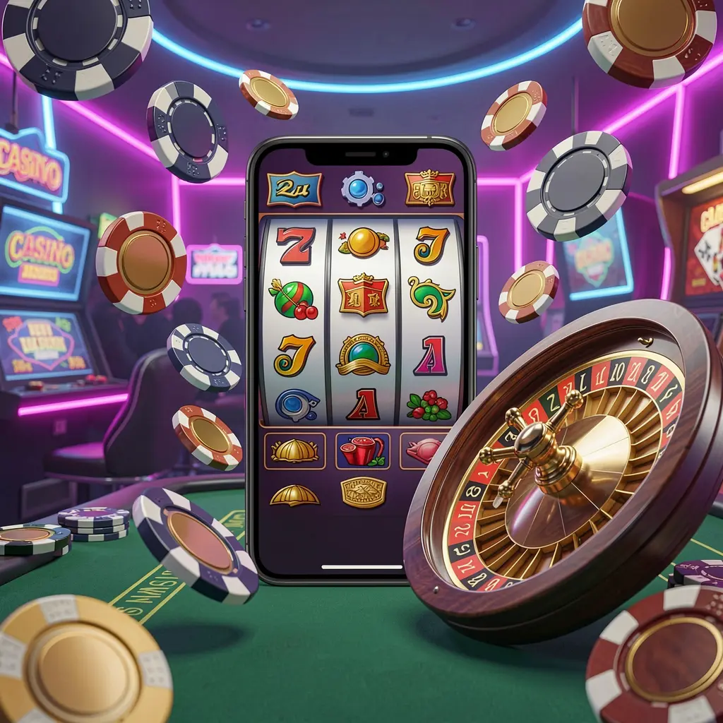 Konsep beranda hiburan kasino WP88 menampilkan ponsel modern yang dikelilingi simbol mesin slot, roda rulet, keping, dan koin yang melayang dengan latar belakang kasino neon dalam render 3D premium Konsep beranda hiburan kasino WP88 menampilkan ponsel modern yang dikelilingi simbol mesin slot, roda rulet, keping, dan koin yang melayang dengan latar belakang kasino neon dalam render 3D premium